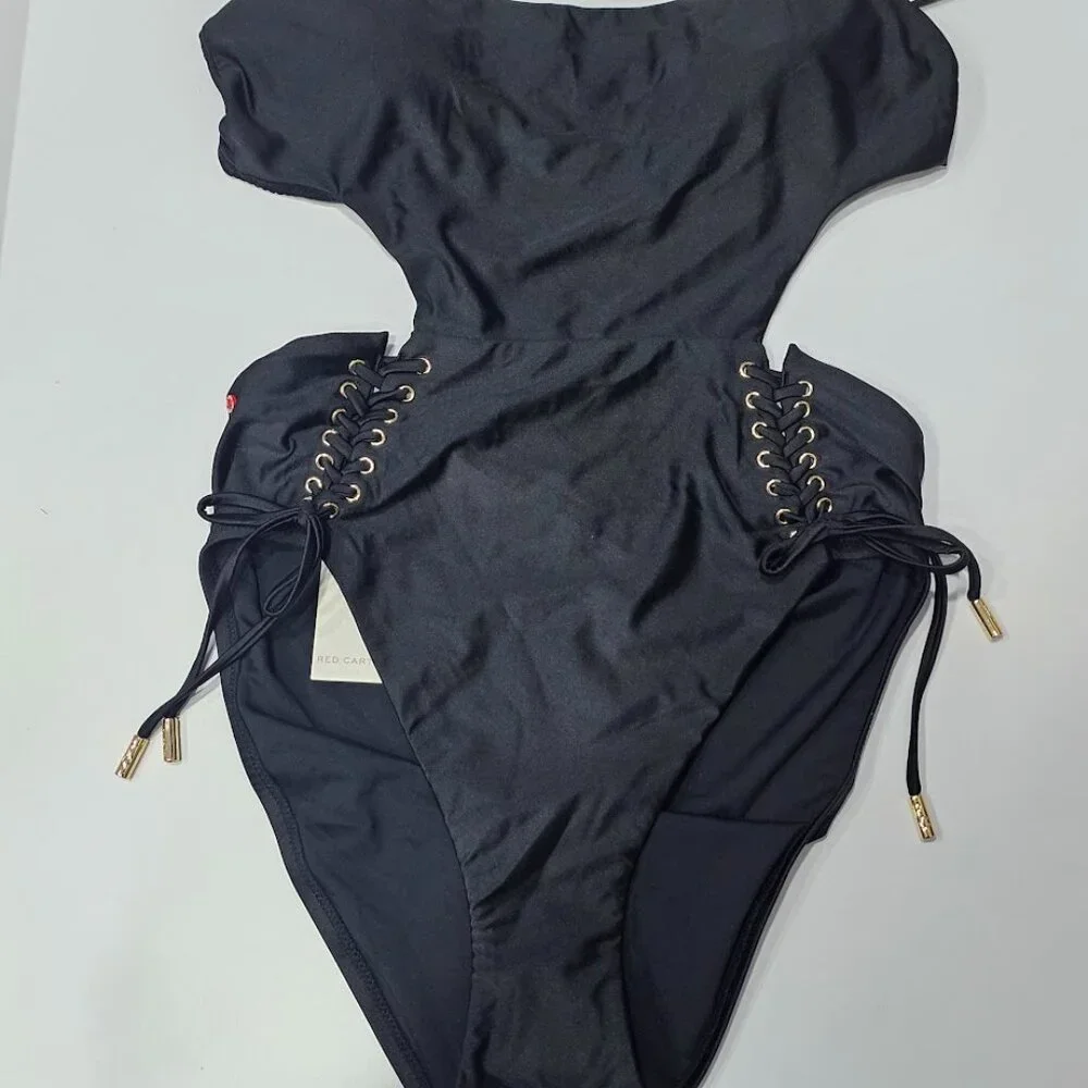 Red Carter Lace-up Cut-Out One-Piece Swimsuit